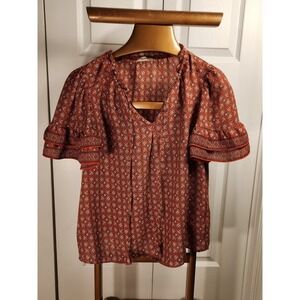 Max Studio Rust V Neck Blouse Hanging Tassel  Neck Tie Short Sleeve Size Small